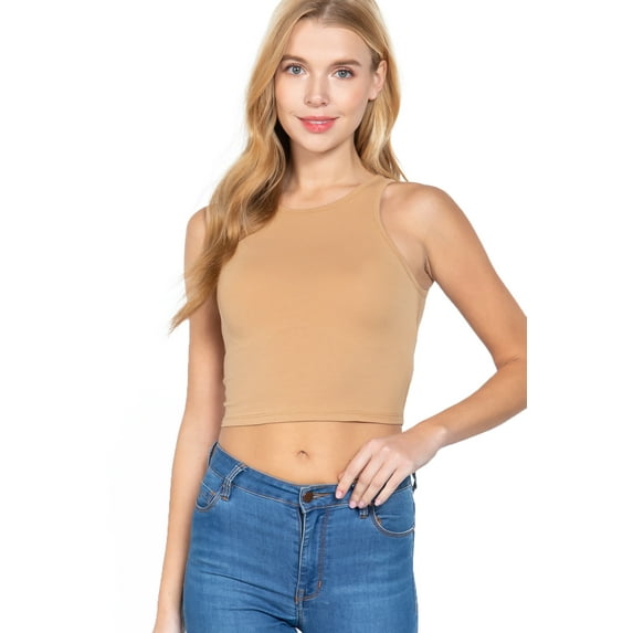 ShezPretty Women's Basic Sleeveless Halter Neck Tank Crop Top (Small, Khaki)