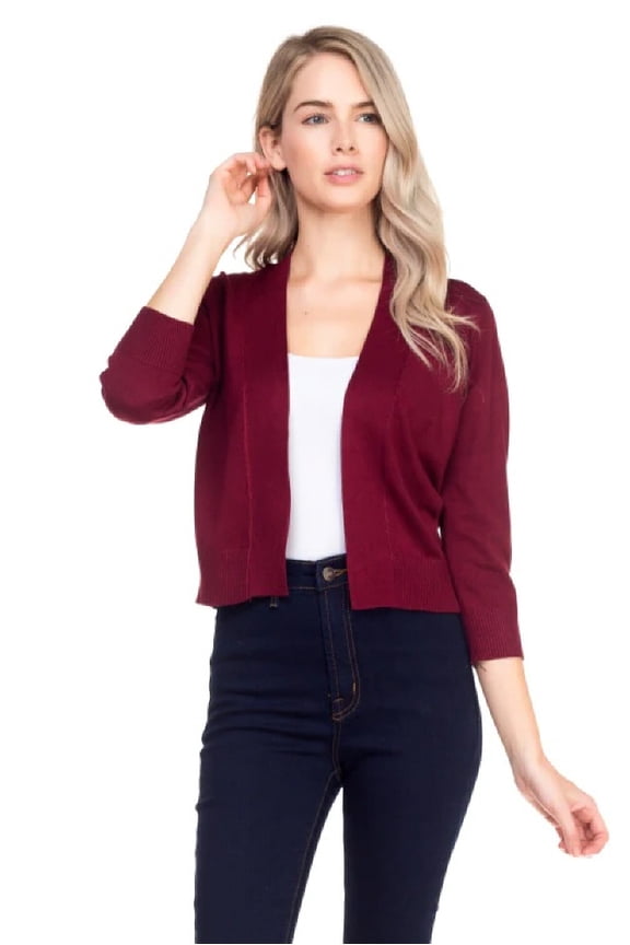 Women's Bolero 3/4 Sleeve Cropped Open Front Short Shrugs Cardigans Sweaters Jackets (Large, BURGUNDY)