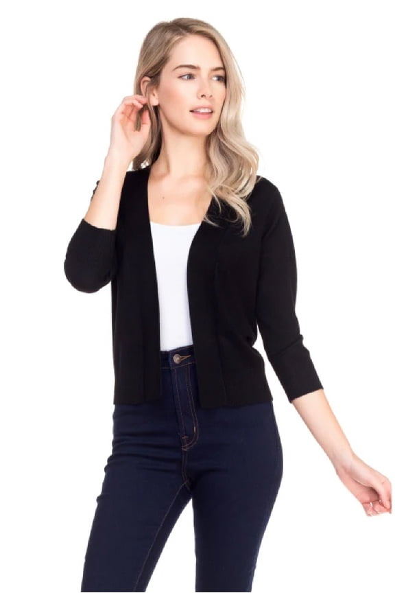 Women's Bolero 3/4 Sleeve Cropped Open Front Short Shrugs Cardigans Sweaters Jackets (Small, BLACK)