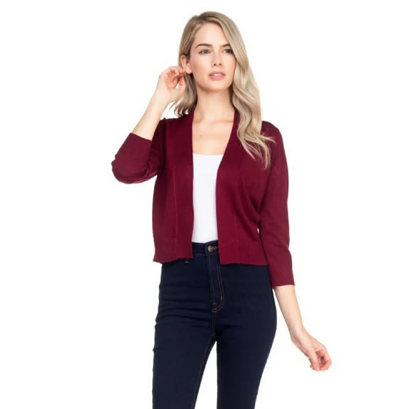 ShezPretty Women's Bolero 3/4 Sleeve Cropped Open Front Short Shrugs Cardigans Sweaters Jackets (X-Large, BURGUNDY)