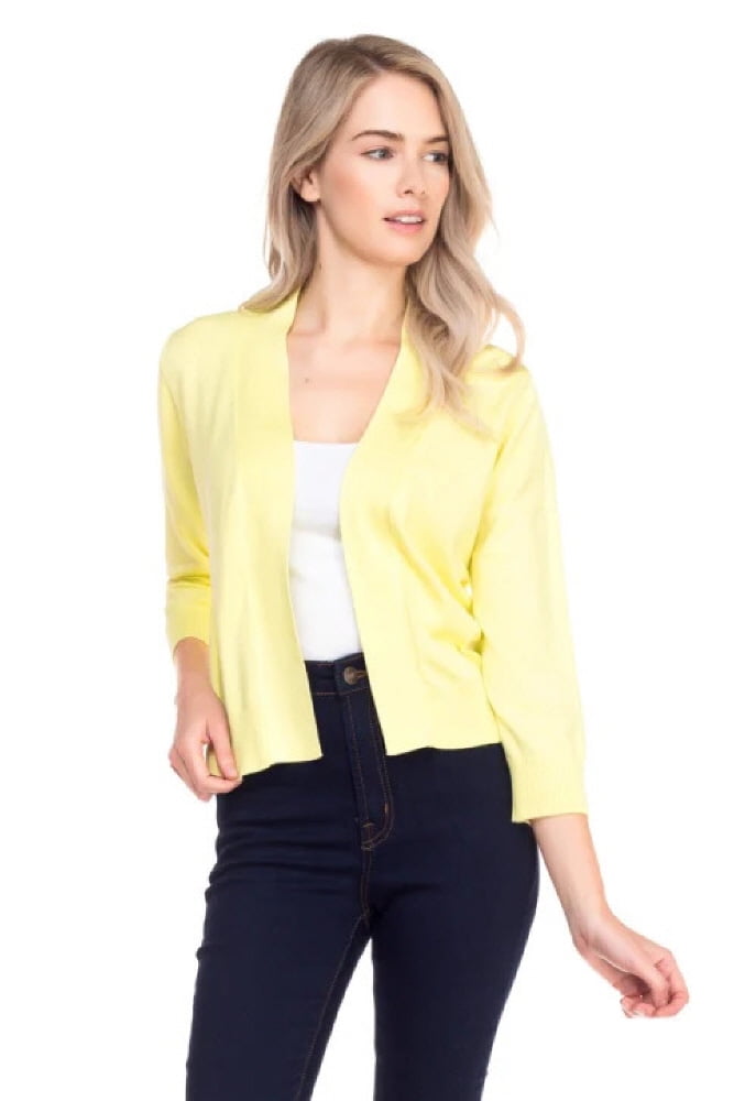 ShezPretty Women s Bolero 3 4 Sleeve Cropped Open Front Short Shrugs Cardigans Sweaters Jackets X Large LEMON YELLOW