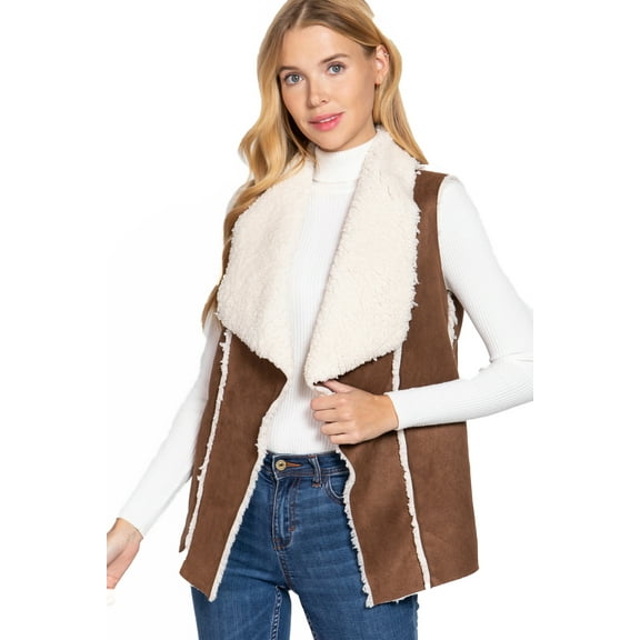 ShezPretty Women's Fleece Open Front Cardigan Sleeveless Faux Suede Jacket Vest (Small, BROWN)