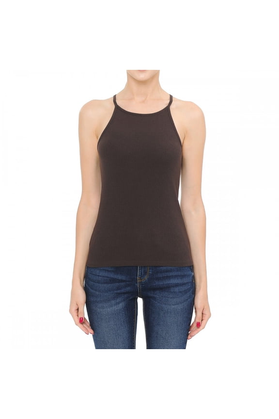 Women's High Halter Neck Ribbed Halter Racerback Tank Top (Large, AMERICANO)