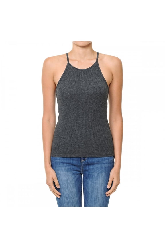 Women's High Halter Neck Ribbed Halter Racerback Tank Top (Large, CHARCOAL)