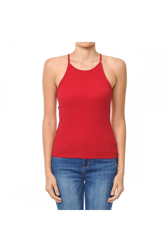 Women's High Halter Neck Ribbed Halter Racerback Tank Top (Large, RED)