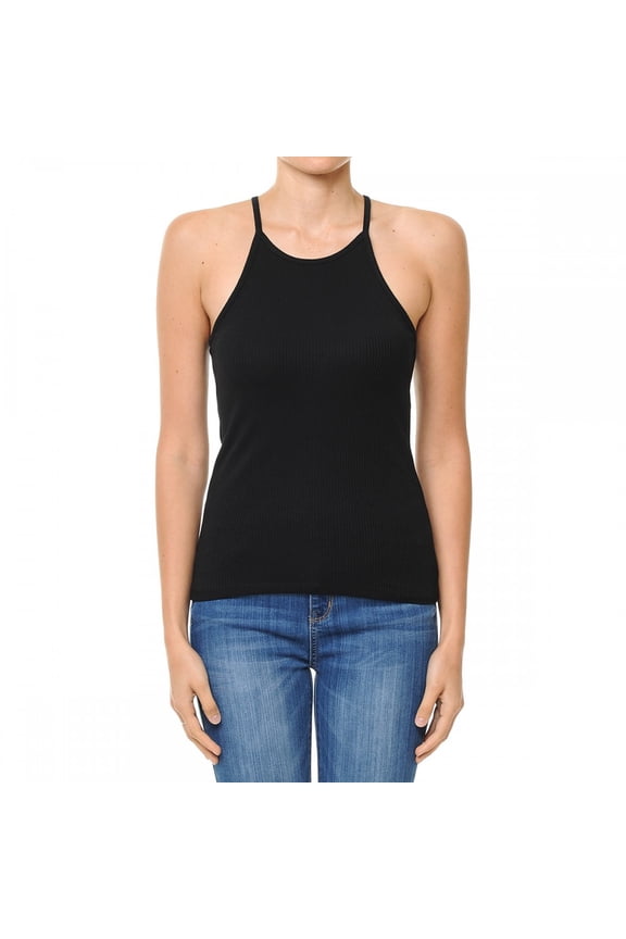 Women's High Halter Neck Ribbed Halter Racerback Tank Top (Medium, BLACK)