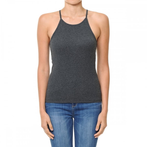 ShezPretty Women's High Halter Neck Ribbed Halter Racerback Tank Top (Medium, CHARCOAL)