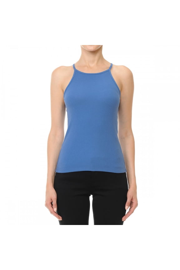 Women's High Halter Neck Ribbed Halter Racerback Tank Top (Medium, DARK DENIM)