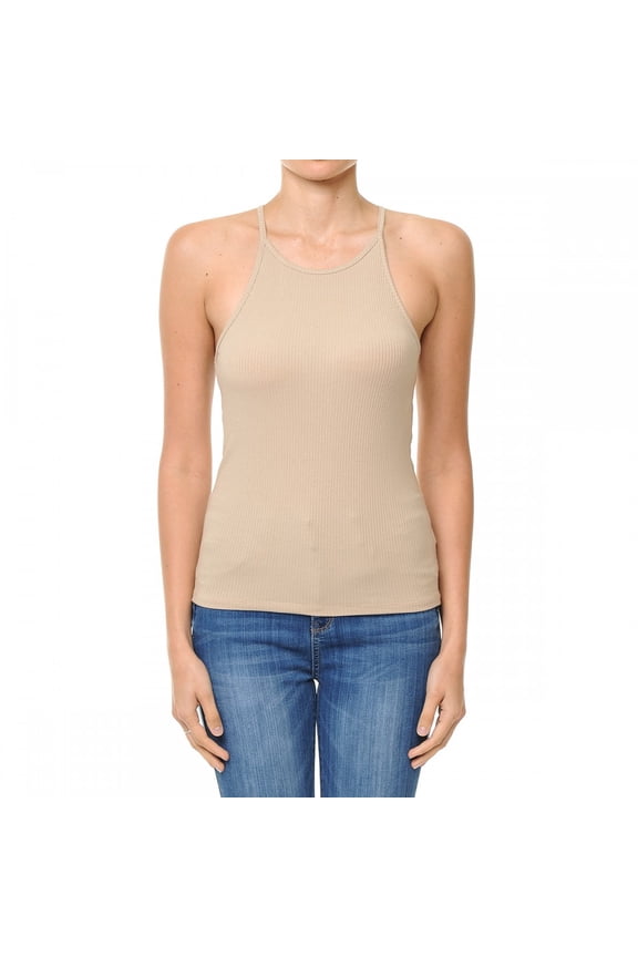 Women's High Halter Neck Ribbed Halter Racerback Tank Top (Medium, DESERT)
