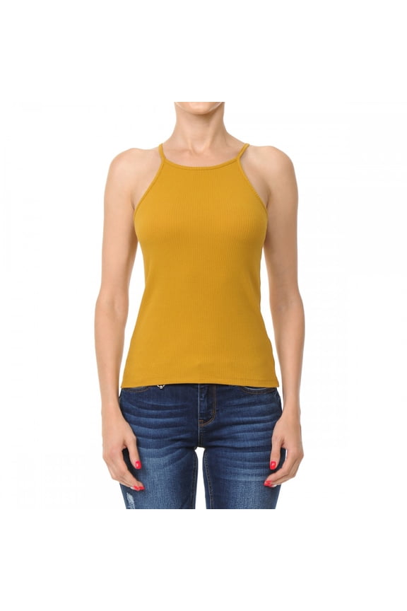 Women's High Halter Neck Ribbed Halter Racerback Tank Top (Small, DARK MUSTARD)