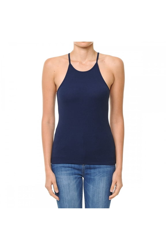 Women's High Halter Neck Ribbed Halter Racerback Tank Top (Small, NAVY)
