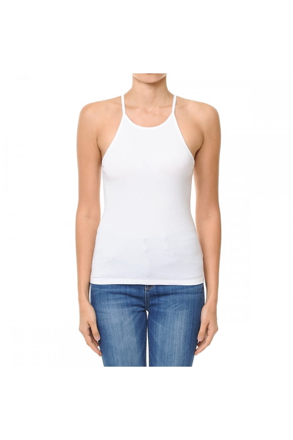 Women's High Halter Neck Ribbed Halter Racerback Tank Top (Small, WHITE)