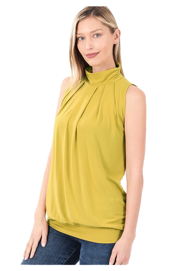 Women's Sleeveless High Mock-Turtleneck Pleated Top with Waistband (Small, GOLDEN WASABI)