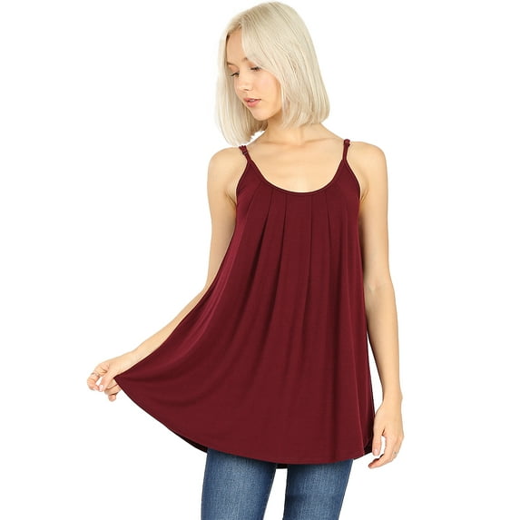 ShezPretty Women's Solid Sleeveless Pleated Cami Adjustable Straps Tank Tops (Large, DARK BURGUNDY)