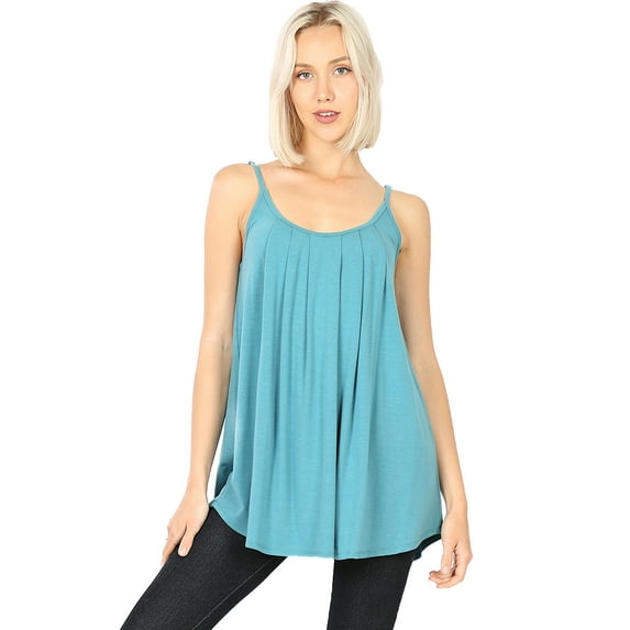 ShezPretty Women's Solid Sleeveless Pleated Cami Adjustable Straps Tank Tops (Medium, DUSTY TEAL)