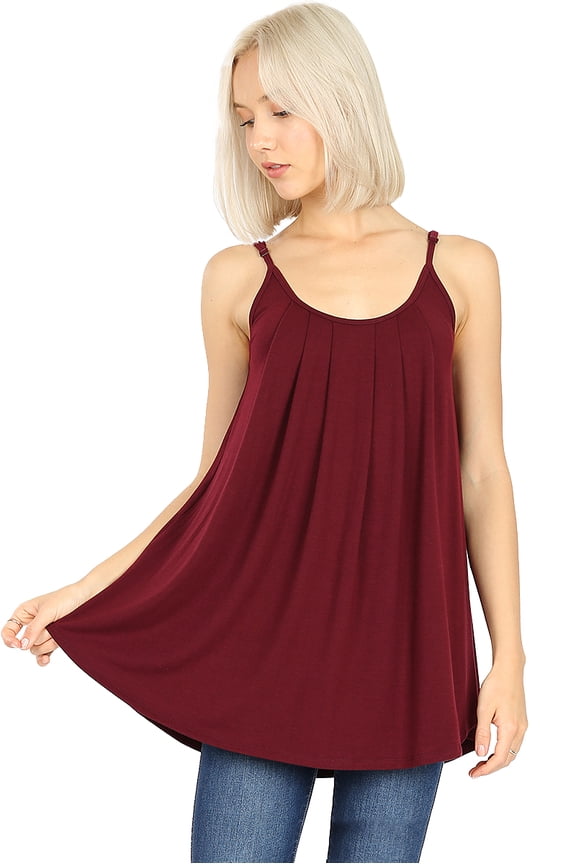 Women's Solid Sleeveless Pleated Cami Adjustable Straps Tank Tops (Xlarge, DARK BURGUNDY)