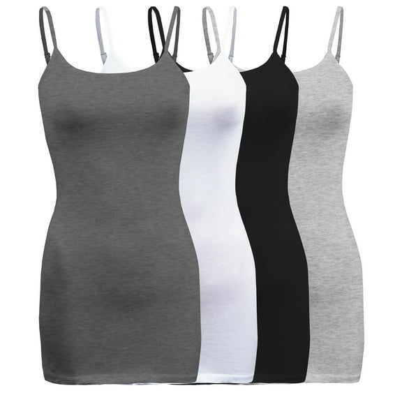 ShezPretty Womens & Juniors Basic Solid Long Length Adjustable Spaghetti Strap Camisole Tank Top (4PK - 2XLarge, Charcoal Grey/White/Black/H.Grey)