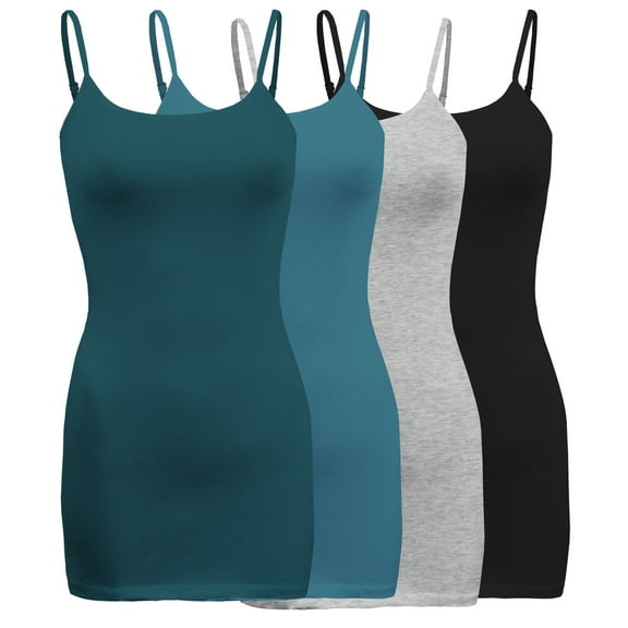 ShezPretty Womens & Juniors Basic Solid Long Length Adjustable Spaghetti Strap Camisole Tank Top (4PK - 2XLarge, Green Teal/Dusk Teal/H.Grey/Black)