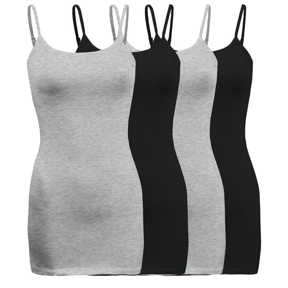 ShezPretty Womens & Juniors Basic Solid Long Length Adjustable Spaghetti Strap Camisole Tank Top (4PK - 2XLarge, H.Grey/Black/H.Grey/Black)