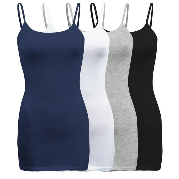 ShezPretty Womens & Juniors Basic Solid Long Length Adjustable Spaghetti Strap Camisole Tank Top (4PK - 2XLarge, True Navy/White/Black/H.Grey)