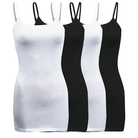 ShezPretty Womens & Juniors Basic Solid Long Length Adjustable Spaghetti Strap Camisole Tank Top (4PK - 2XLarge, White/Black/White/Black)