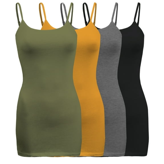 ShezPretty Womens & Juniors Basic Solid Long Length Adjustable Spaghetti Strap Camisole Tank Top (4PK - 3XLarge, Olive/Mustard/Charcoal Grey/Black)