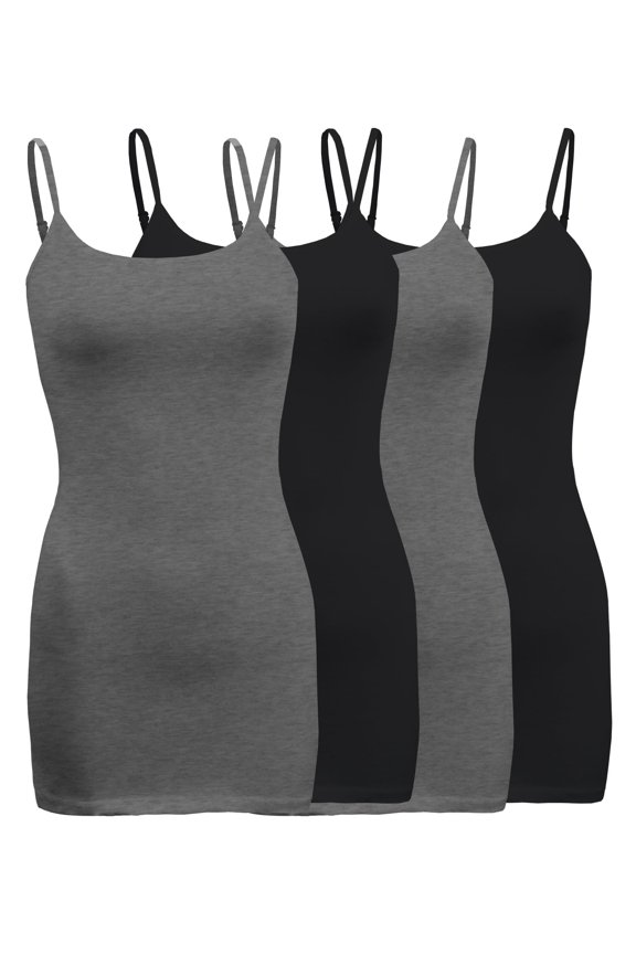 Womens & Juniors Basic Solid Long Length Adjustable Spaghetti Strap Camisole Tank Top (4PK - XLarge, Charcoal Grey/Black/Charcoal Grey/Black)