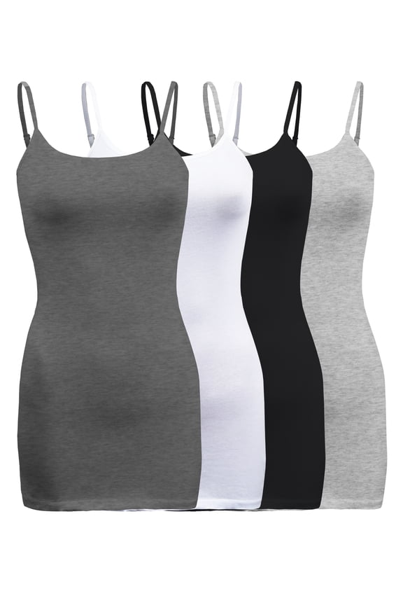 Womens & Juniors Basic Solid Long Length Adjustable Spaghetti Strap Camisole Tank Top (4PK - XLarge, Charcoal Grey/White/Black/H.Grey)