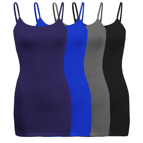 ShezPretty Womens & Juniors Basic Solid Long Length Adjustable Spaghetti Strap Camisole Tank Top (4PK - XLarge, Purple/Royal Blue/Charcoal Grey/Black)