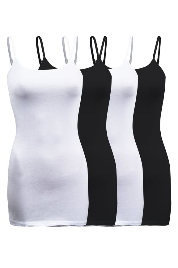 Womens & Juniors Basic Solid Long Length Adjustable Spaghetti Strap Camisole Tank Top (4PK - XLarge, White/Black/White/Black)