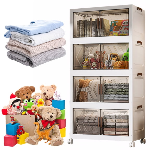 Shgeyfdj Four-Tier Stackable Storage Box - Modern Style Storage Cabinet/Bookshelf with Lid, Door, and Wheels, Suitable for Bedrooms and Offices,Transparent