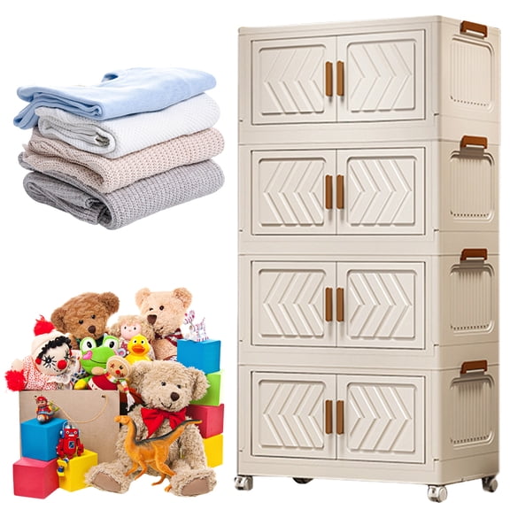 Shgeyfdj Four-Tier Stackable Storage Box - Modern Style Storage Cabinet/Bookshelf with Lid, Door, and Wheels, Suitable for Bedrooms and Offices,White