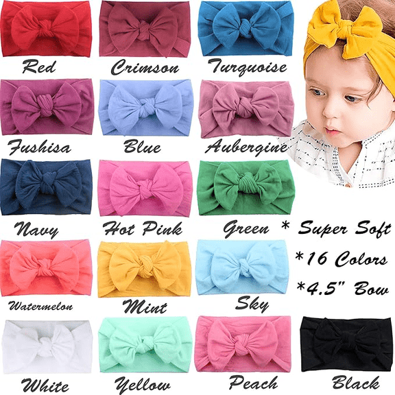 Shgiloo 16 Pack Baby Nylon Headbands With Bow Elastics Handmade Hair Accessories for Baby Girls Newborn Kids