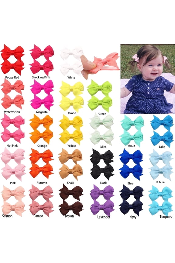 50Pcs 2 inch Baby Hair Bows Clips Grosgrain Ribbonfor Infant Girls - Fully Lined Mini Bows in 25 Color Pairs