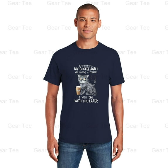 Shh, My Coffee, Is Having A Moment, Funny, Cat, Caffeine, Lover, Pet, Animal, Humor T-Shirt Unisex, up to 5XL