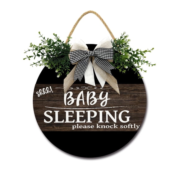 Shhh Baby Sleeping, Please Knock Softly Sign Farmhouse Wood Sign Front Porch Decor Rustic Wooden Sign Wall Decor Hanging Wooden Decorations with Bow-Knot for Home Porch Wall Door, 11 x 11 inch