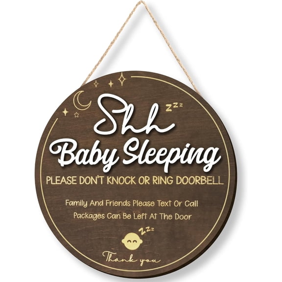 Shhh Baby Sleeping Sign for Front Door, 10x10 Wood Do Not Knock | 10 in oak sign, do not ring doorbell, nap time door hanger, new parent gift, rustic entry decor