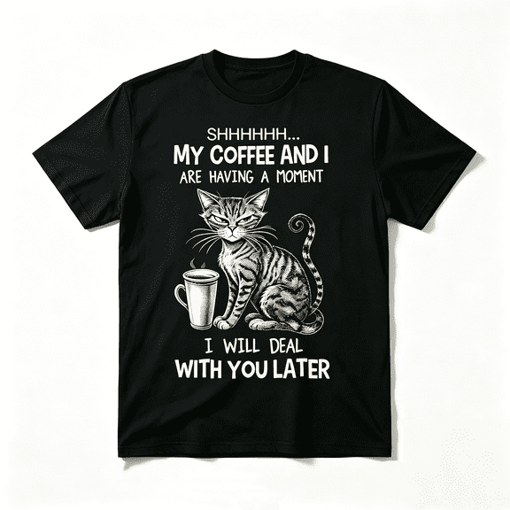 Shhh My Coffee And I Are Having A Moment Grumpy Tabby Cat Graphic Unisex T-Shirt