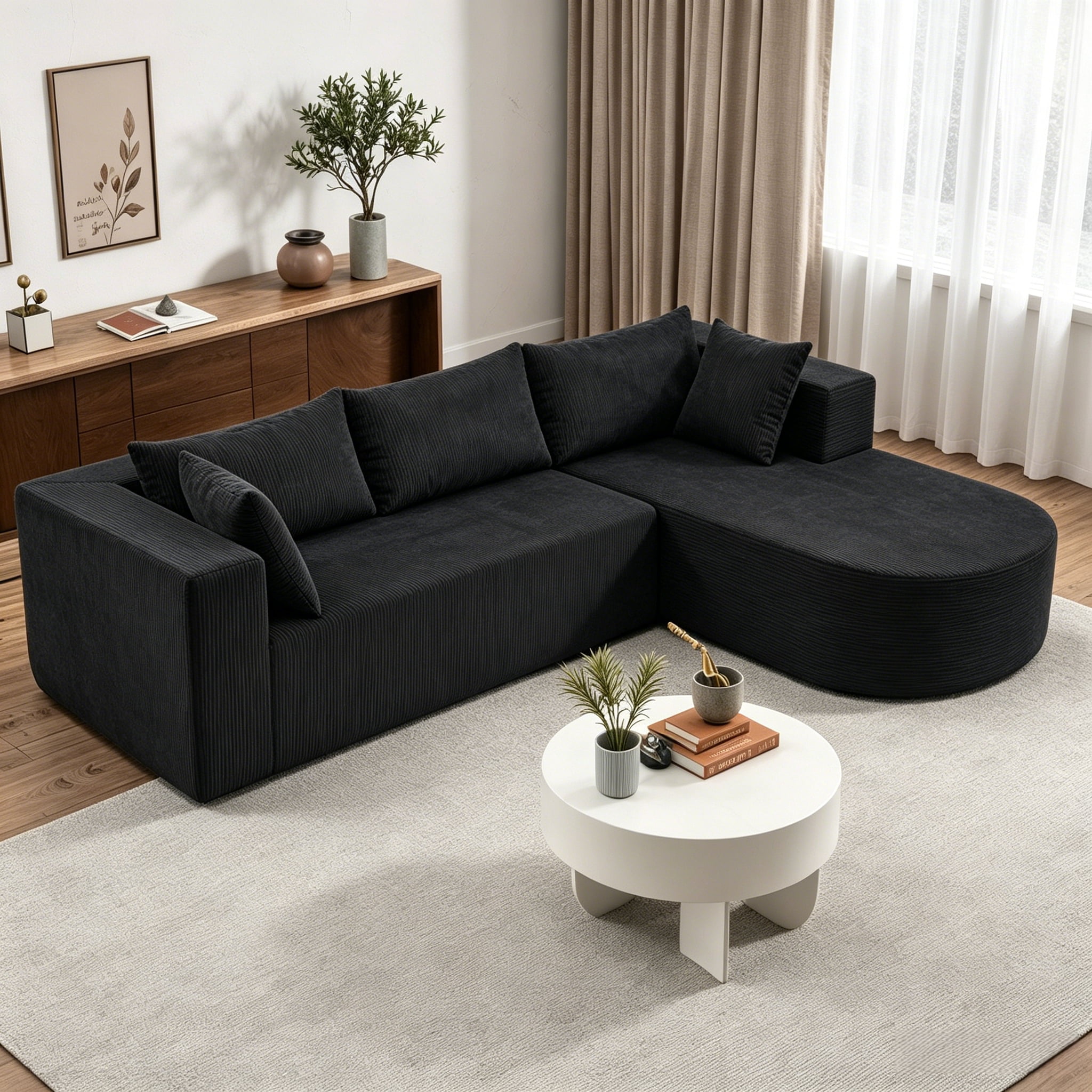 ShiKeyi 105" Modular L-Shaped Cloud Sofa, 3-Seater Corduroy Sectional Couch with Deep Seats Chaise, Soft Boneless Design for Living Room, Black (Left)