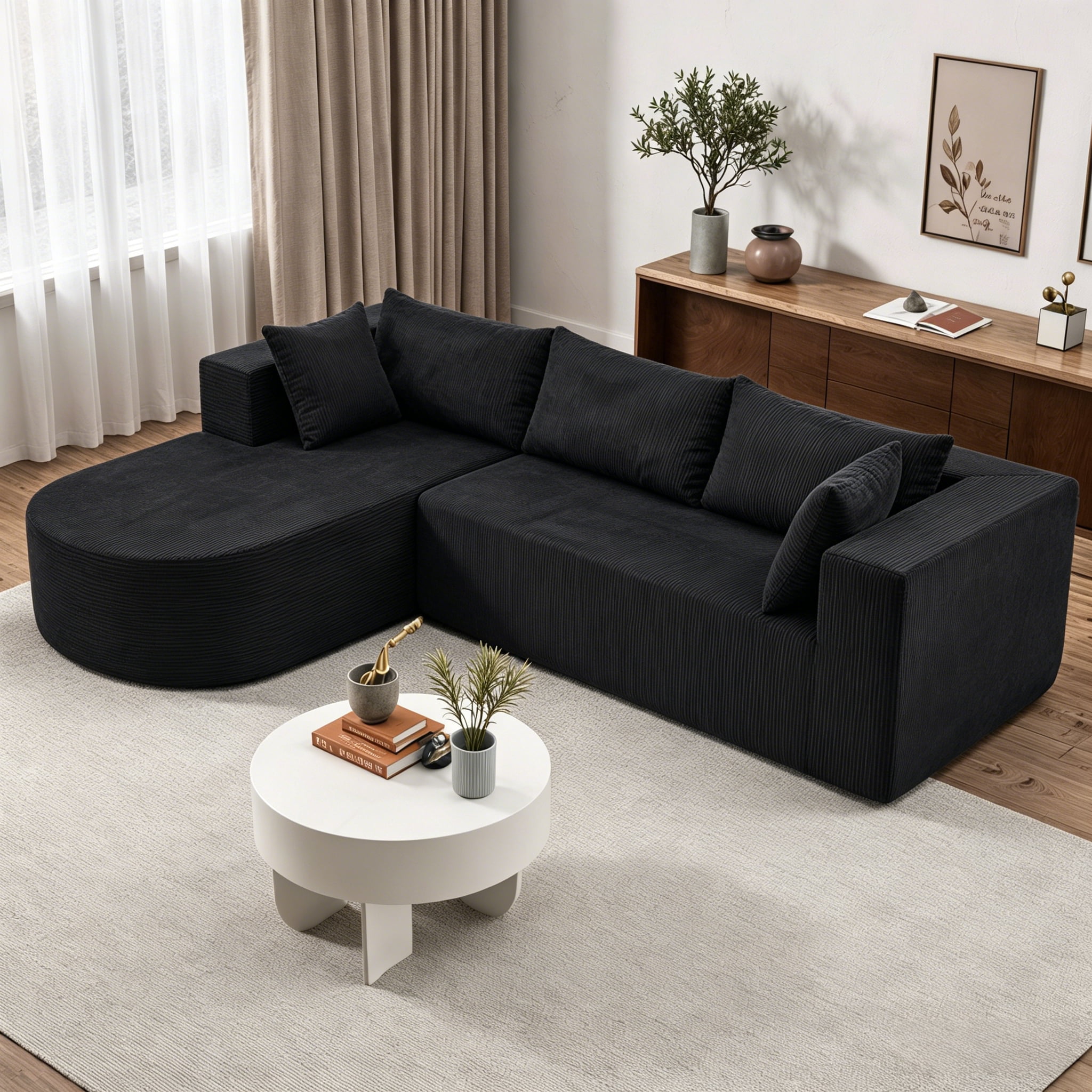 ShiKeyi 105" Modular L-Shaped Cloud Sofa, 3-Seater Corduroy Sectional Couch with Deep Seats Chaise, Soft Boneless Design for Living Room, Black (Right)