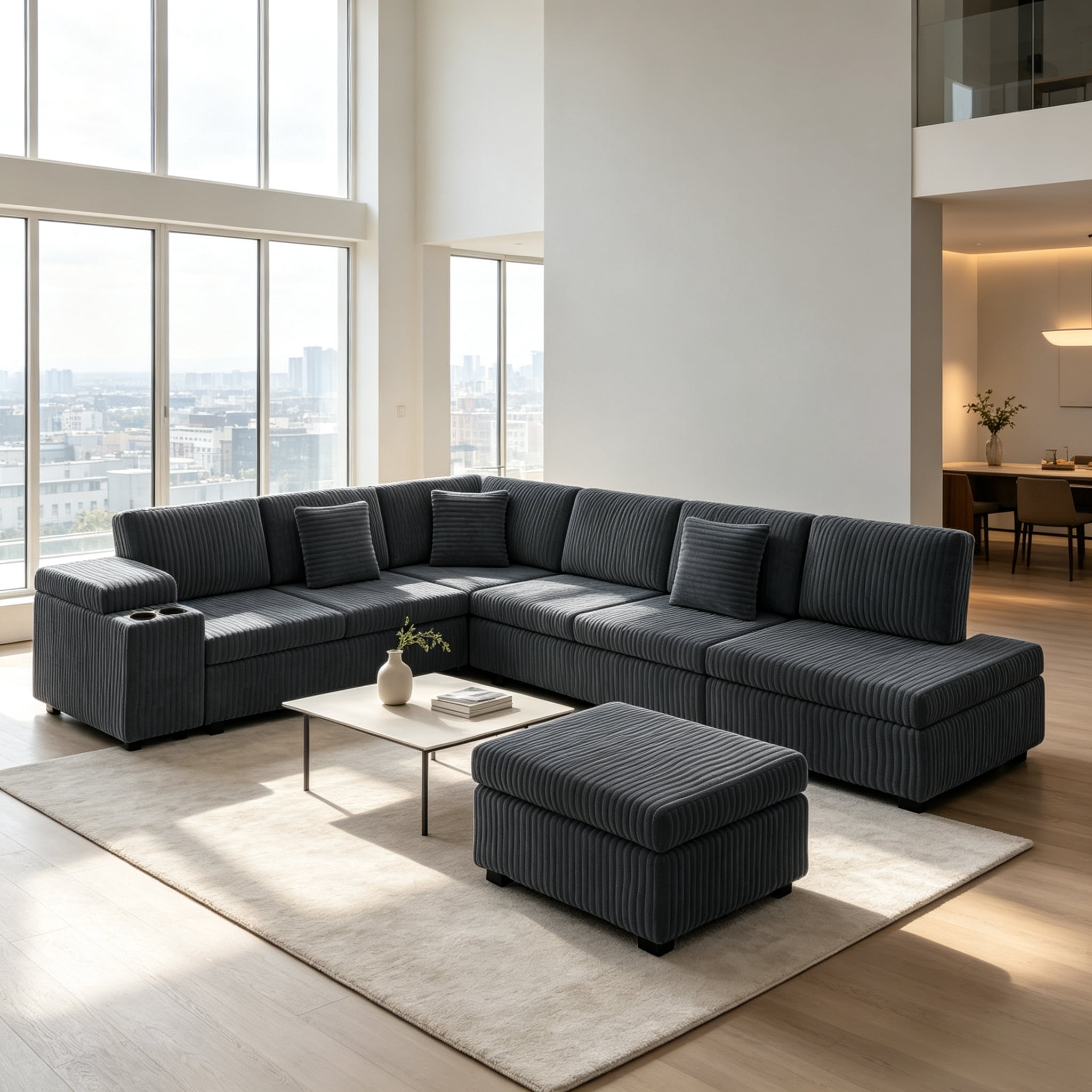 ShiKeyi 110" L Shaped Sectional Sofa Set, Convertible Sleeper Sofa with Pull Out Bed, Corduroy Fabric Sleeper Sofa with Ottoman, Hidden Armrest Storage, Cup Holders & USB Charging Ports, Dark Gray