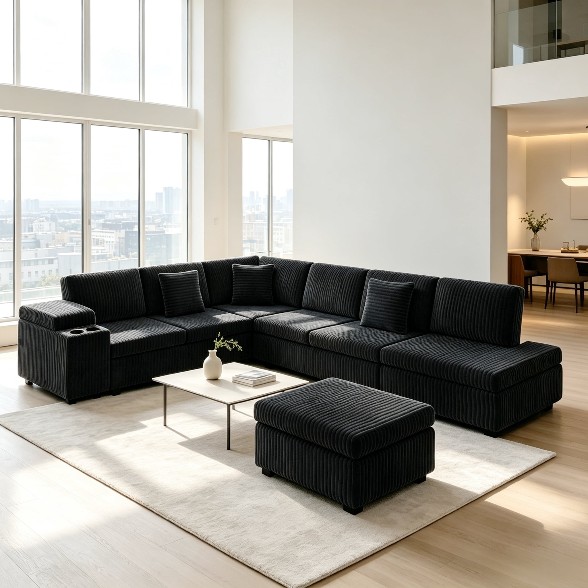 ShiKeyi 110" L Shaped Sectional Sofa Set, Convertible Sleeper Sofa with Pull Out Bed, Corduroy Fabric Sleeper Sofa with Ottoman, Hidden Armrest Storage, Cup Holders & USB Charging Ports, Black