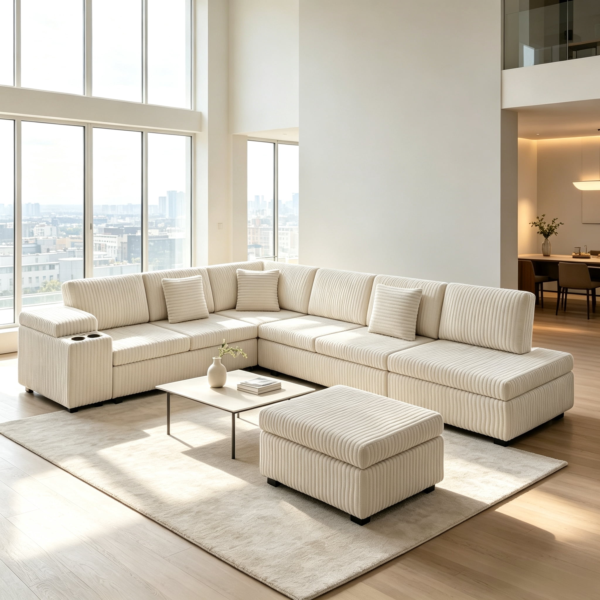 ShiKeyi 110" L Shaped Sectional Sofa Set, Convertible Sleeper Sofa with Pull Out Bed, Corduroy Fabric Sleeper Sofa with Ottoman, Hidden Armrest Storage, Cup Holders & USB Charging Ports, Beige