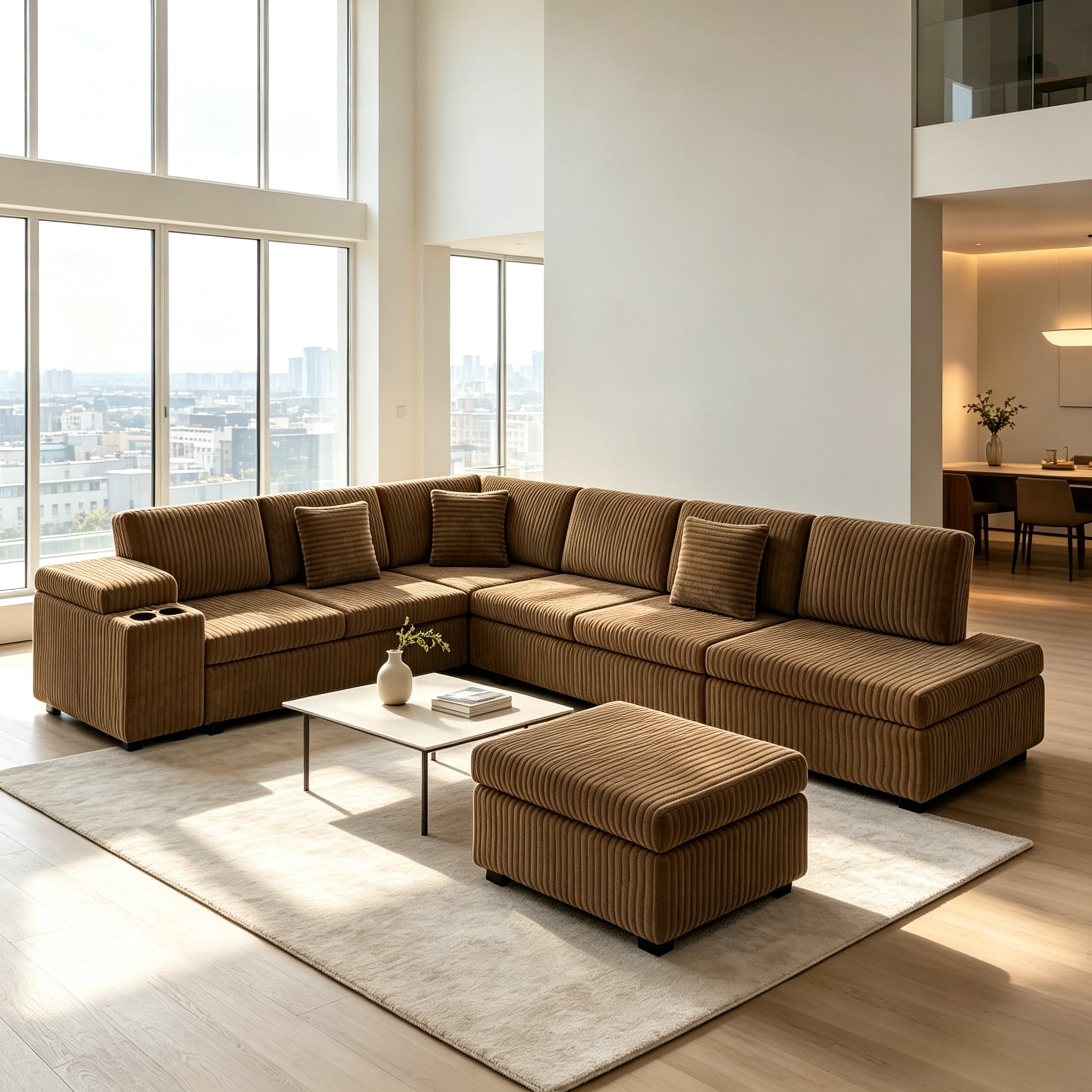 ShiKeyi 110" L Shaped Sectional Sofa Set, Convertible Sleeper Sofa with Pull Out Bed, Corduroy Fabric Sleeper Sofa with Ottoman, Hidden Armrest Storage, Cup Holders & USB Charging Ports, Camel