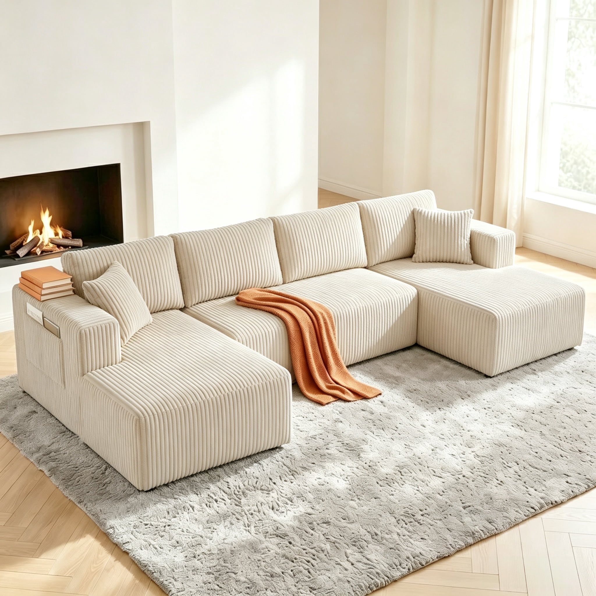 ShiKeyi 132.5" Modern U-Shaped Modular Sectional Sofa with Double Chaise, Corduroy Fabric Cloud Couch Set with Storage Pockets for Living Room, No Assembly Required, Beige