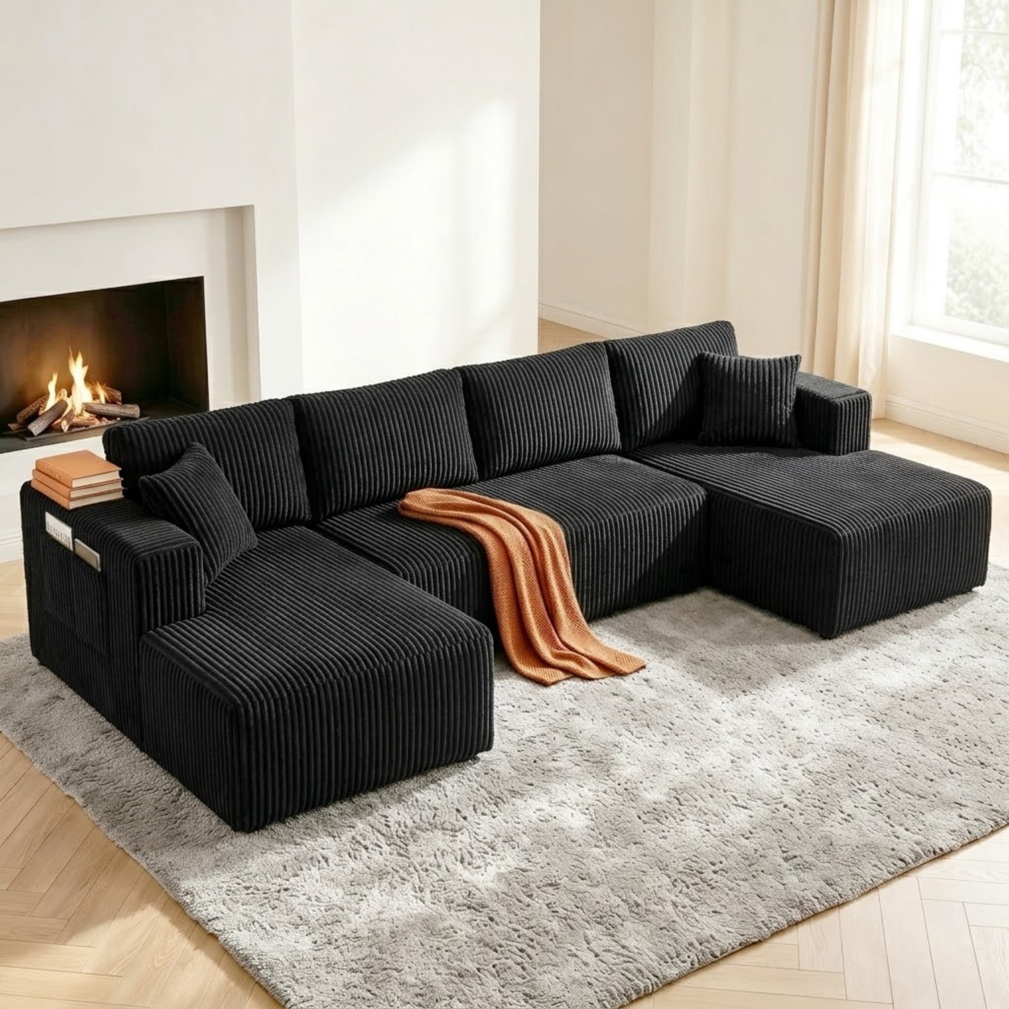 ShiKeyi 132.5" Modern U-Shaped Modular Sectional Sofa with Double Chaise, Corduroy Fabric Cloud Couch Set with Storage Pockets for Living Room, No Assembly Required, Black