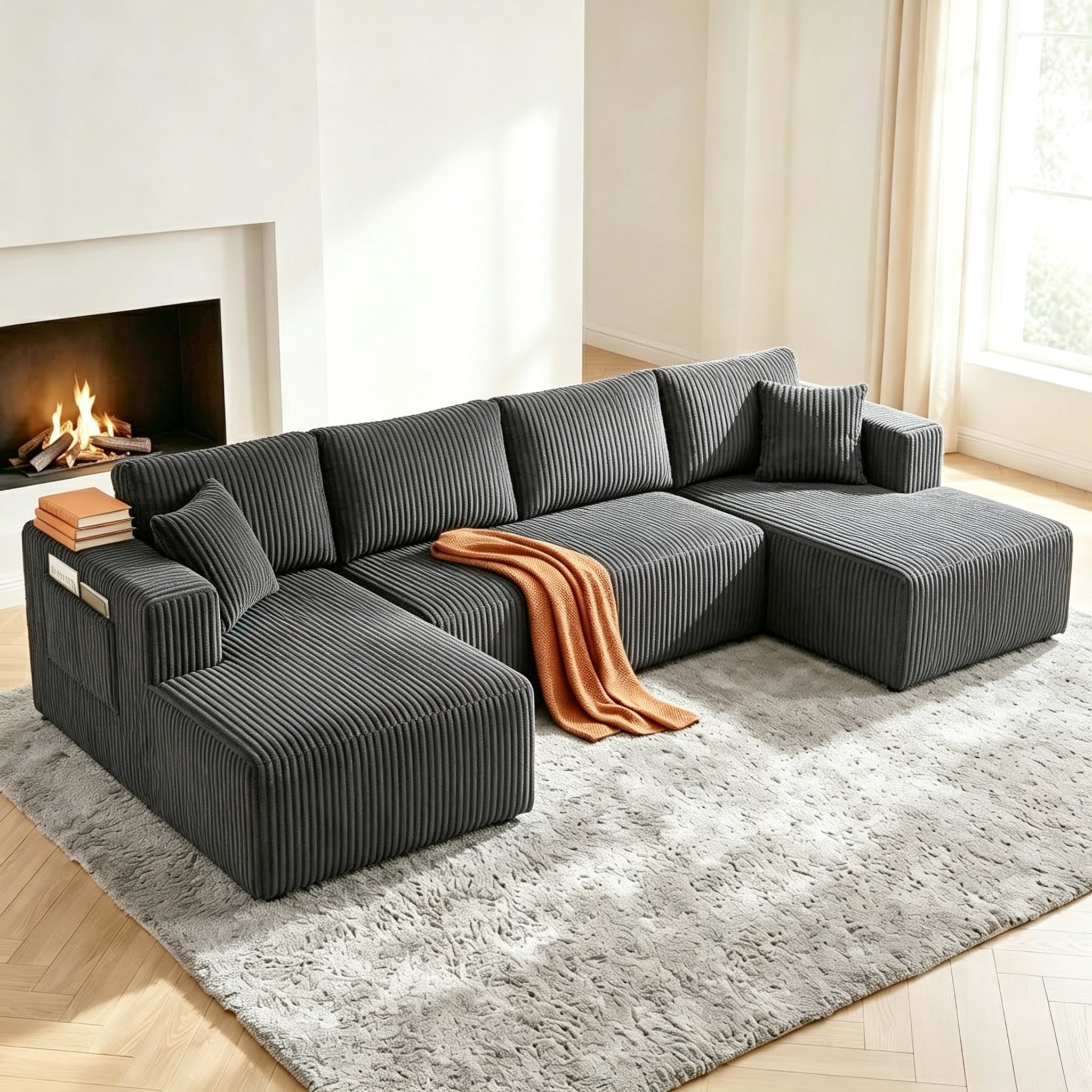 ShiKeyi 132.5" Modern U-Shaped Modular Sectional Sofa with Double Chaise, Corduroy Fabric Cloud Couch Set with Storage Pockets for Living Room, No Assembly Required, Drak Gray