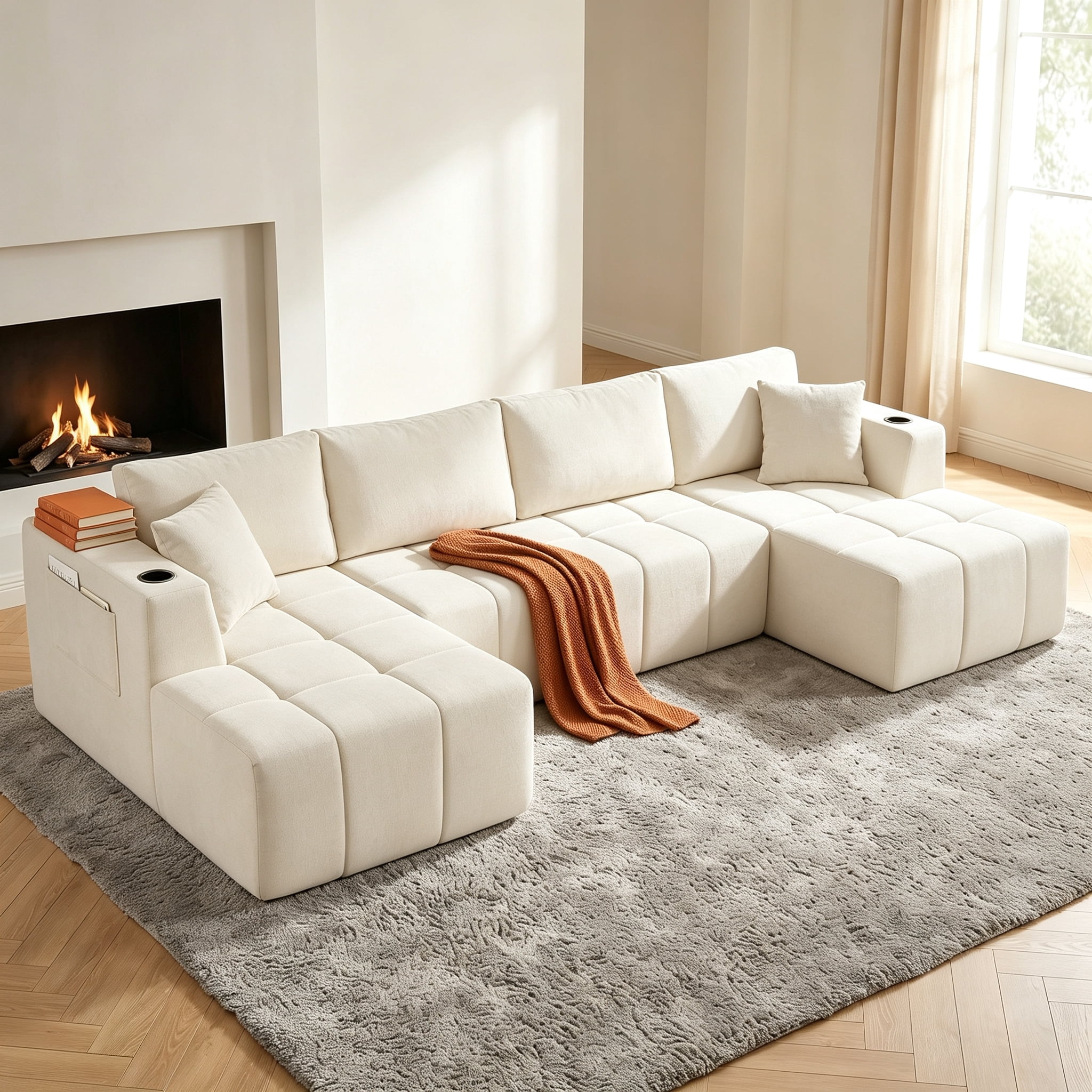ShiKeyi 132.5" Modern U-Shaped Modular Sectional Sofa with Double Chaise, Premium Chenille Fabric Cloud Couch Set with Cup Holders & Storage Pockets for Living Room, Beige