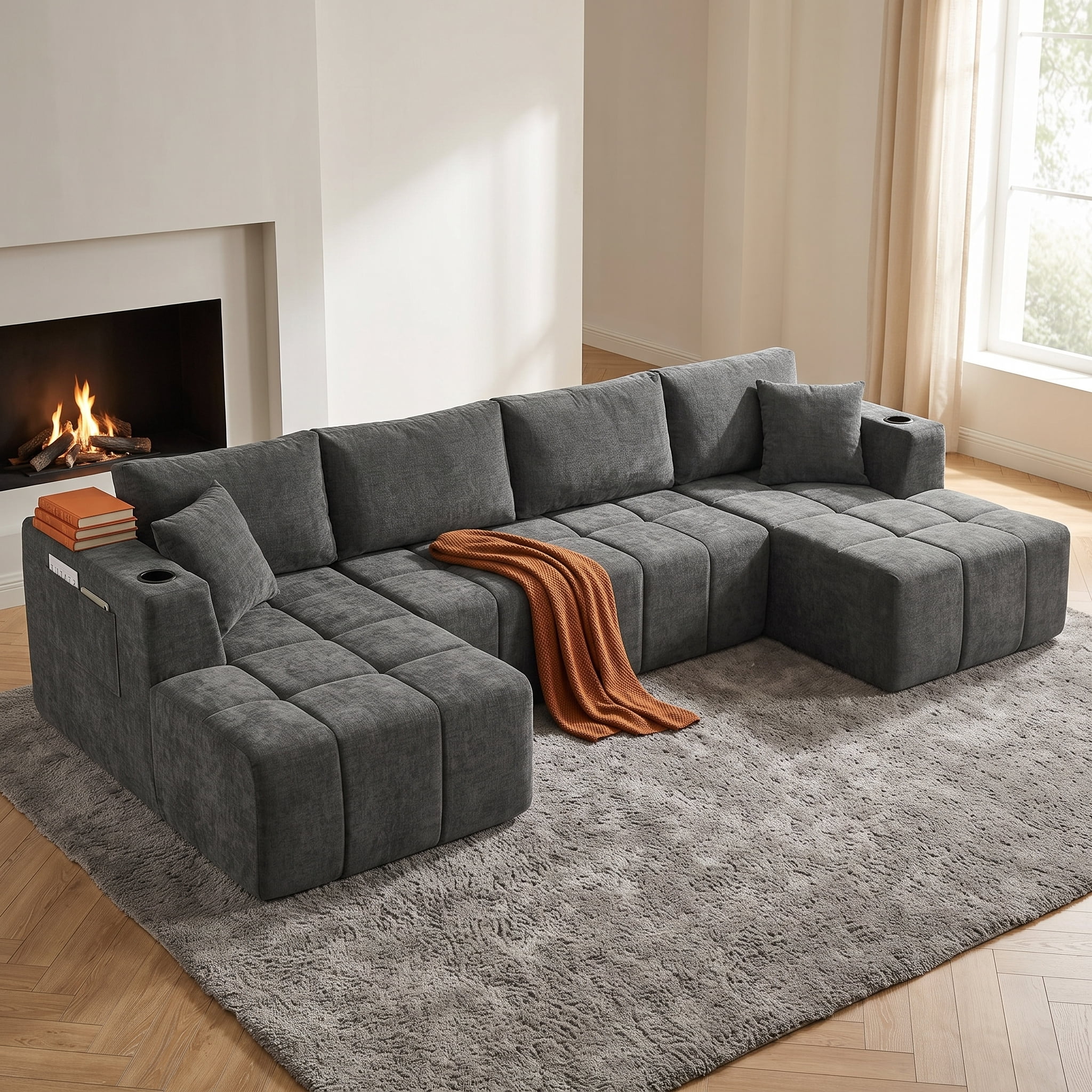ShiKeyi 132.5" Modern U-Shaped Modular Sectional Sofa with Double Chaise, Premium Chenille Fabric Cloud Couch Set with Cup Holders & Storage Pockets for Living Room, Dark Gray