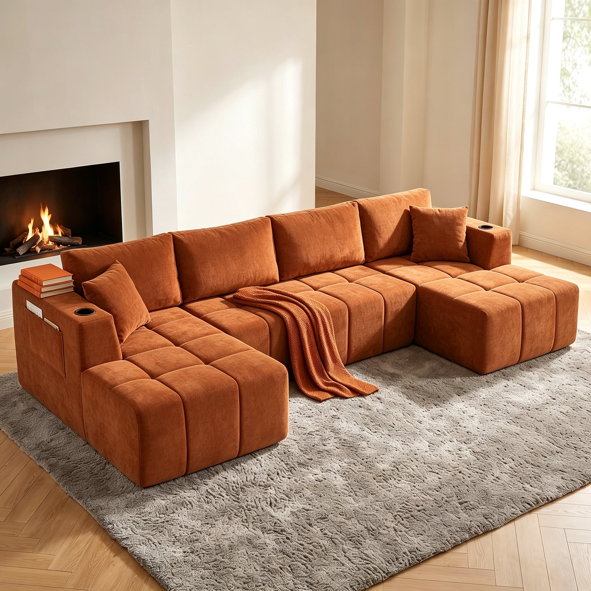 ShiKeyi 132.5" Modern U-Shaped Modular Sectional Sofa with Double Chaise, Premium Chenille Fabric Cloud Couch Set with Cup Holders & Storage Pockets for Living Room, Orange